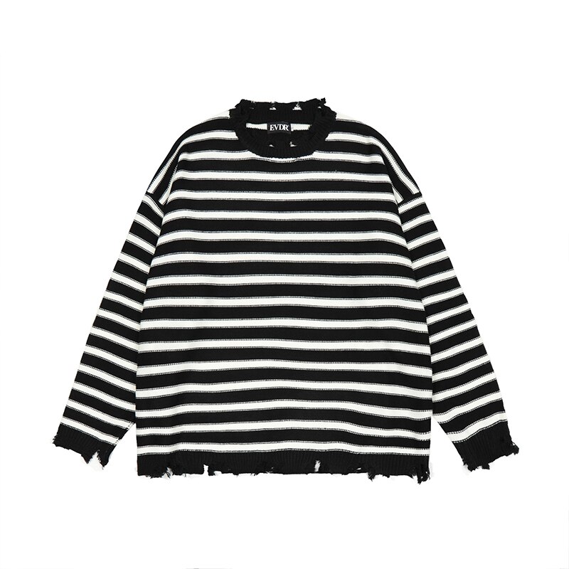 Retro Frayed Contrast Color Striped Round Neck Men&s Sweaters Ripped Hip Hop Harajuku Oversized Pullover Couple Autumn Clothes